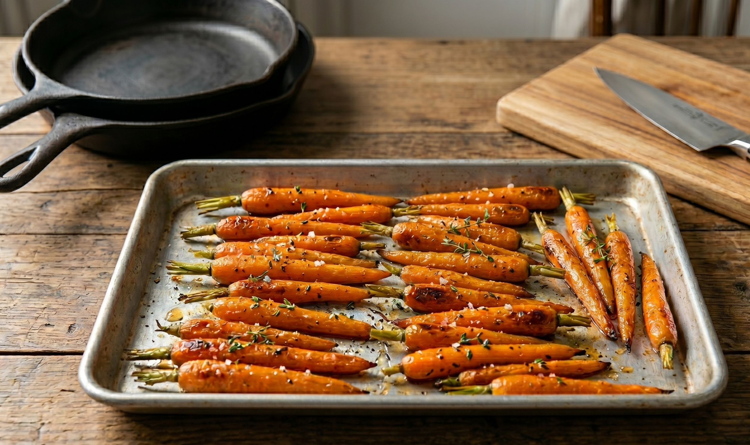 Study No. 09: Honey roasted carrots with sculptural caramelized edges on a BIFL heavy-duty baking sheet—a technical study in Maillard reactions and the Heirloom Standard.