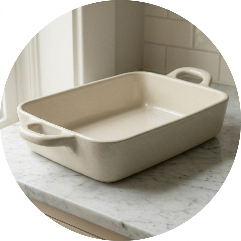 A close-up view of a rectangular cream-colored ceramic baking dish, showing its complete form and both integrated handles, resting on a polished white Carrara marble counter.