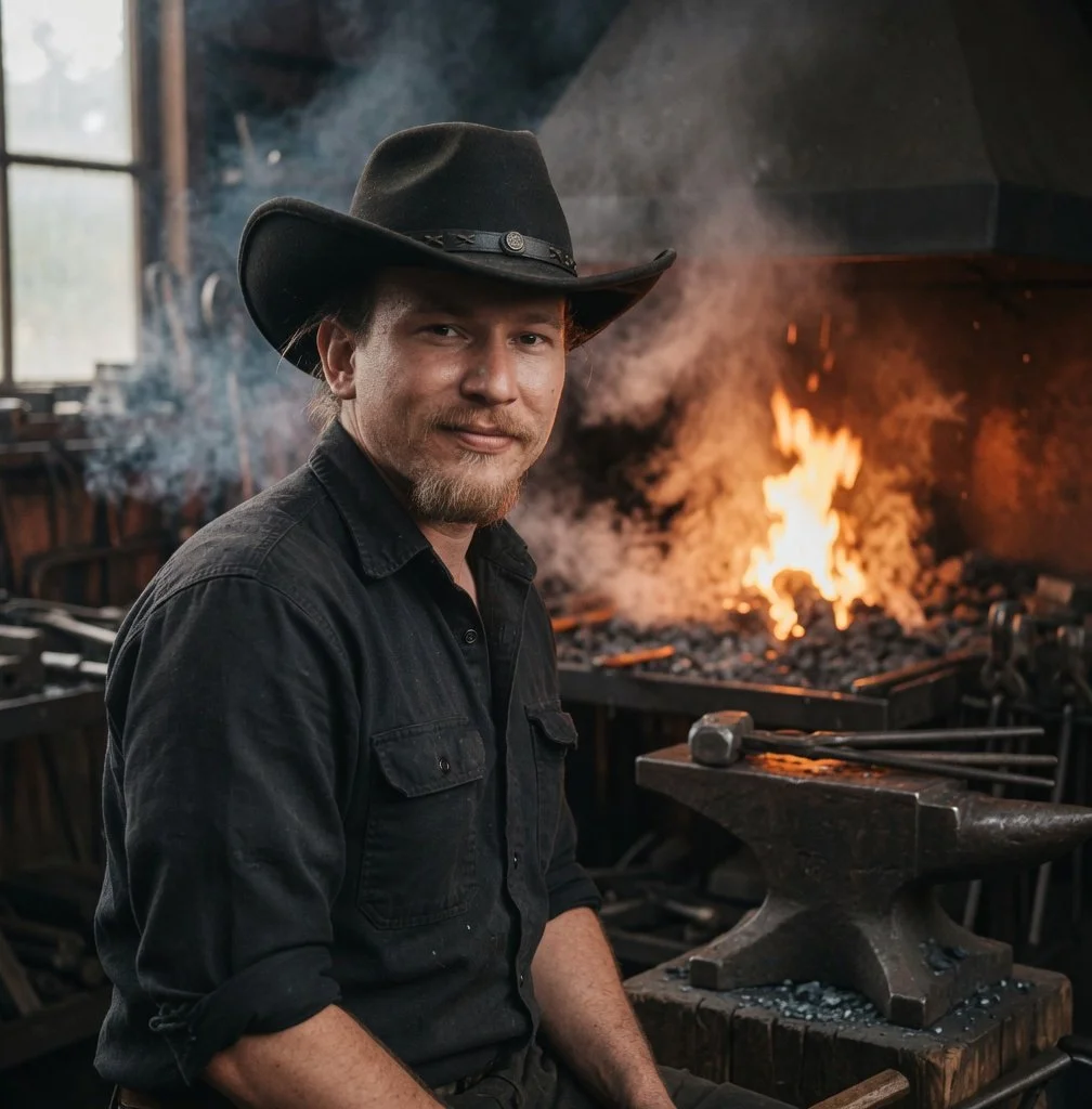 A blacksmith in a workshop, wearing a black shirt and cowboy hat, sitting near a forge with a fire burning.