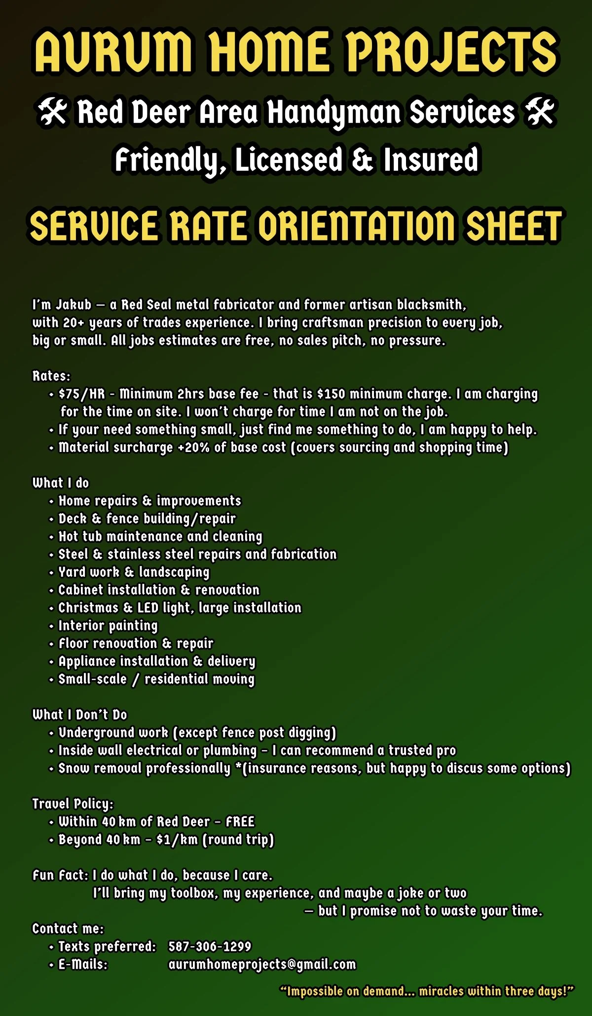 A green flyer advertising Aurum Home Projects, a handyman service in Red Deer, Alberta. The flyer includes the business name, services offered like home repairs, fencing, hot tubs, and painting, rates, what they don't do, travel policy, fun fact, and contact info with phone number and email.