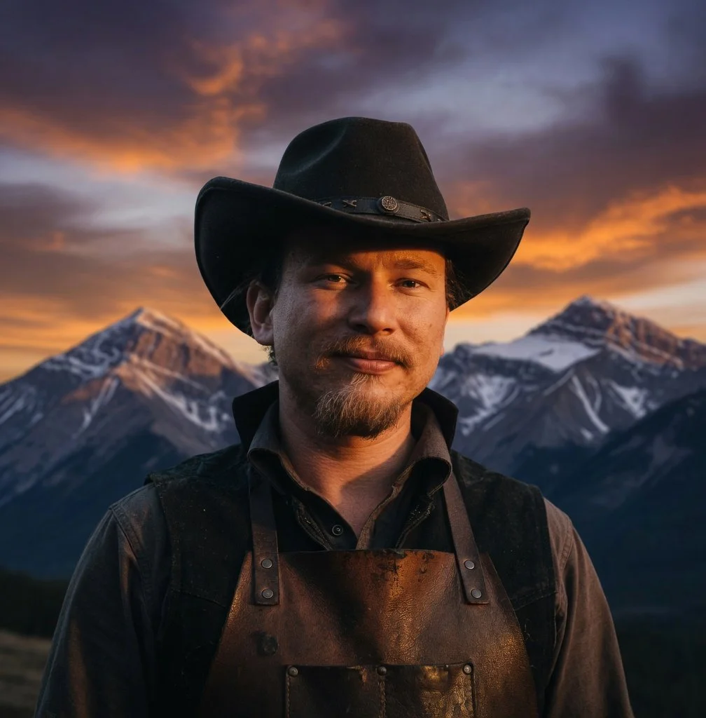A man wearing a black cowboy hat and a leather apron stands outdoors during sunset, with snow-capped mountains in the background.