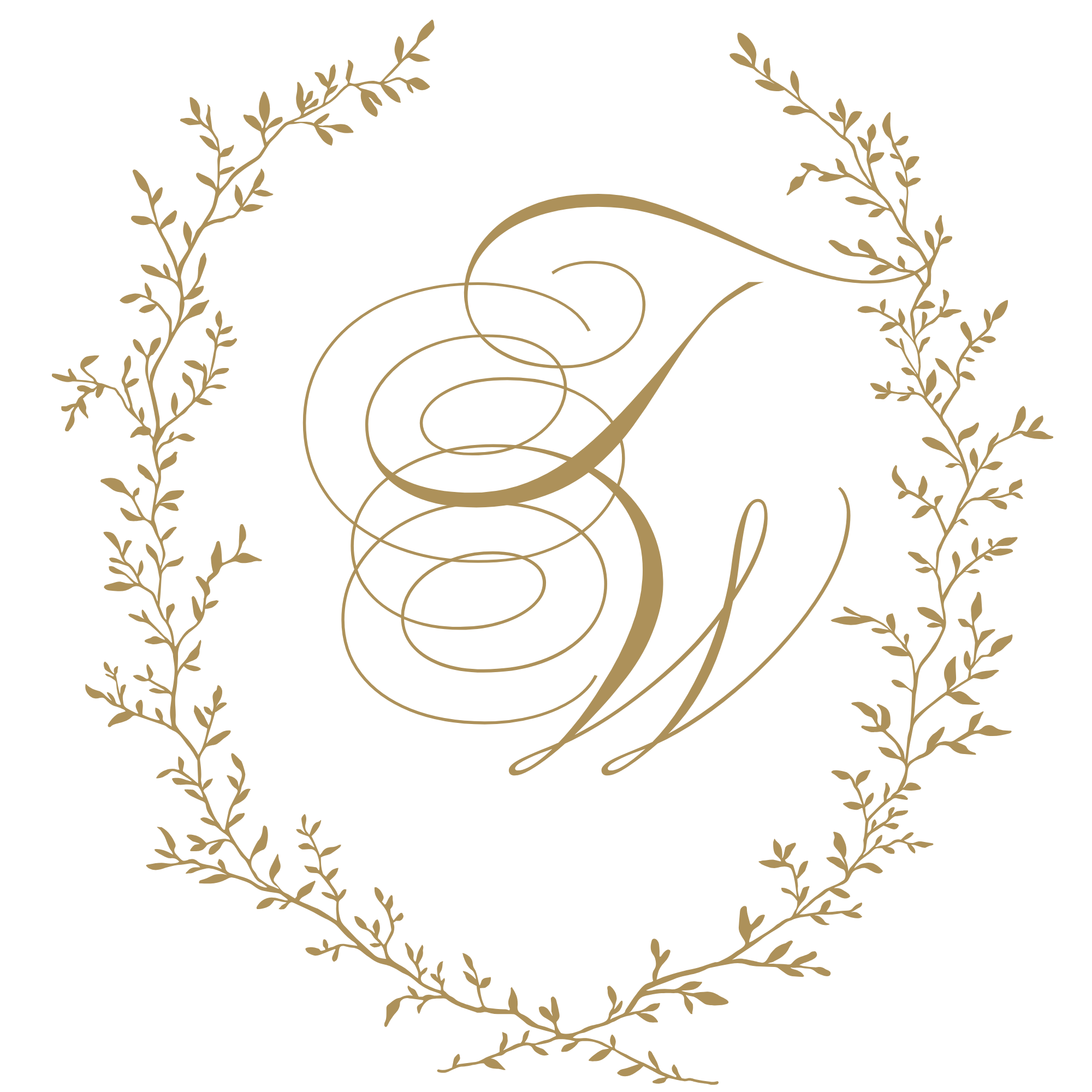 A gold decorative monogram of the letters 'M' and 'A' inside a wreath of gold branches on a black background.