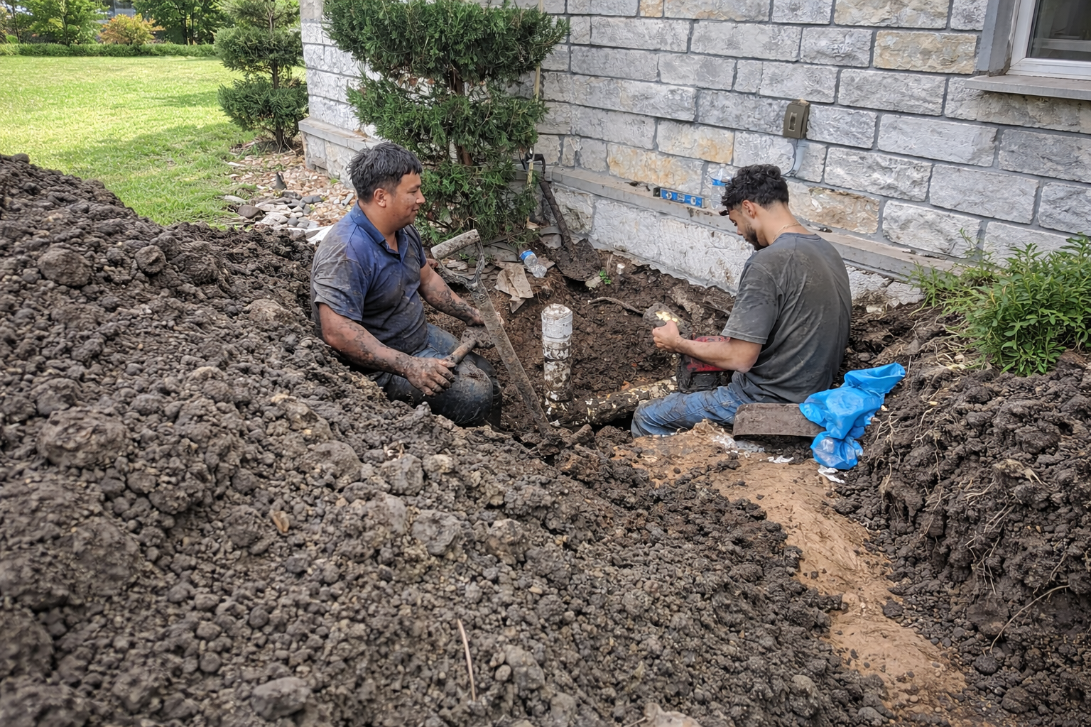 Two workers digging a trench next to a house, the worker on the left holding a shovel and the worker on the right sitting with a tool in hand, surrounded by dirt.