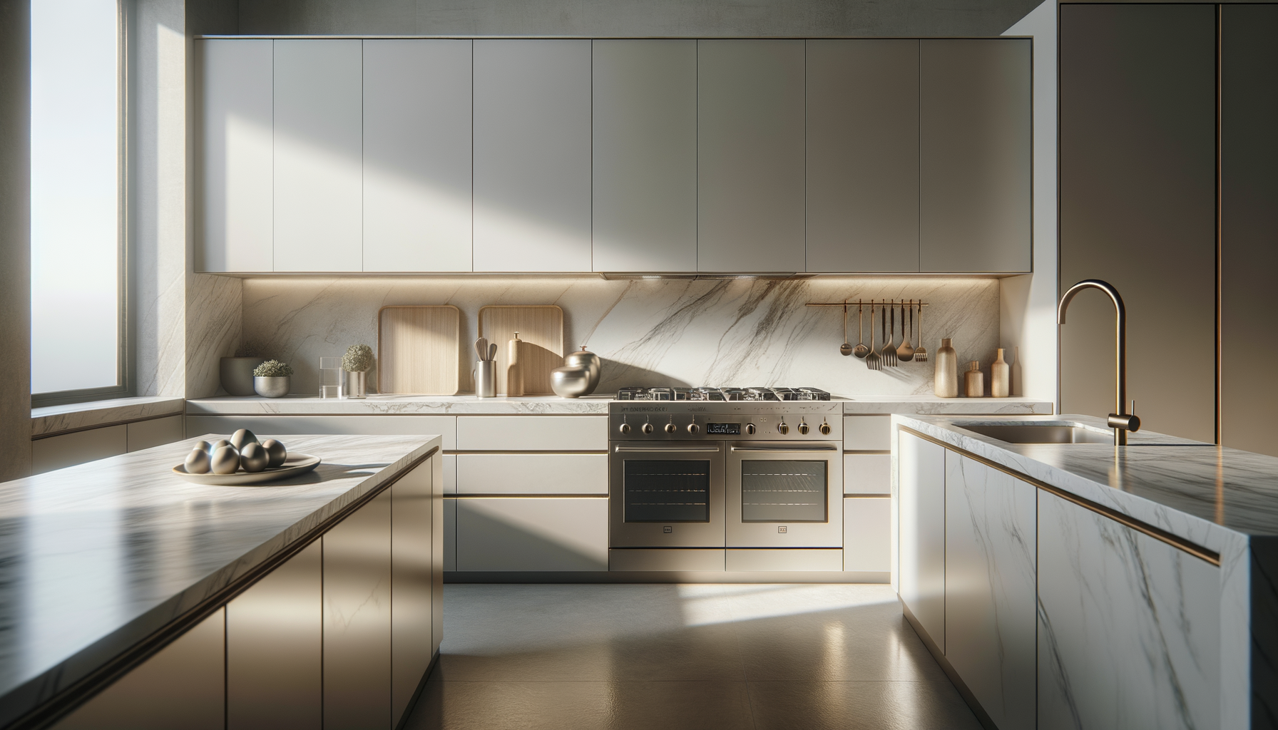Modern kitchen with white and marble finishes, upper and lower cabinets, a stainless steel stove and oven, and a marble island with a sink and brass faucet. Decor includes potted plants, trays, and utensils, with sunlight streaming through a window.