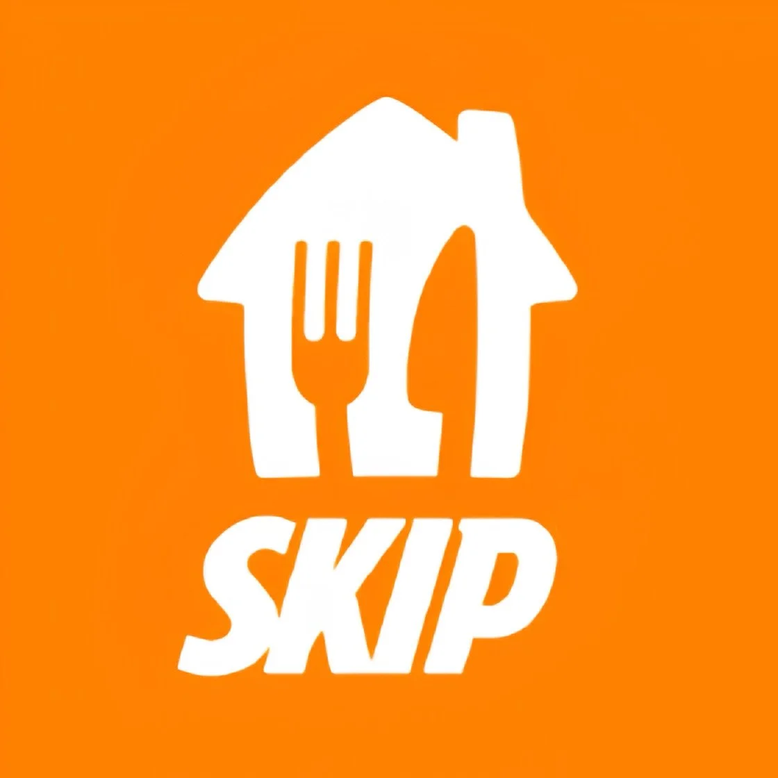 An orange background with a white house-shaped icon containing a fork and knife in the center, and the word 'SKIP' in bold white letters below.