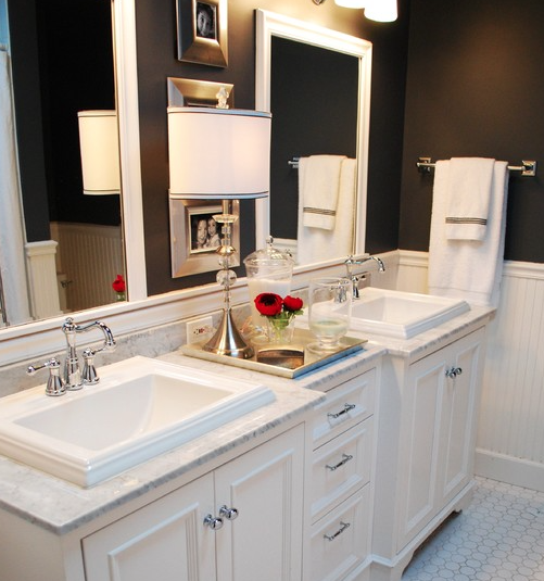 White bathroom with dark walls