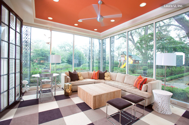 Family room with orange ceiling