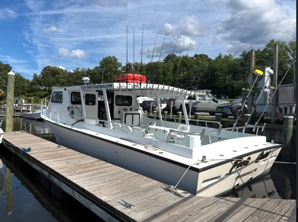 A white fishing boat named 'Sea Boss' docked at a wooden pier on a calm river or marina, with trees and cars in the background, and several fishing rods on the boat.