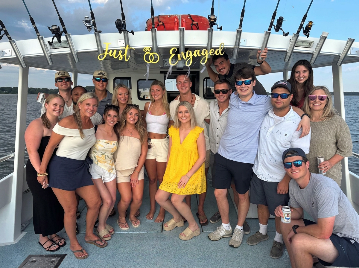 Large group aboard Fools Gold beneath a Just Engaged sign.