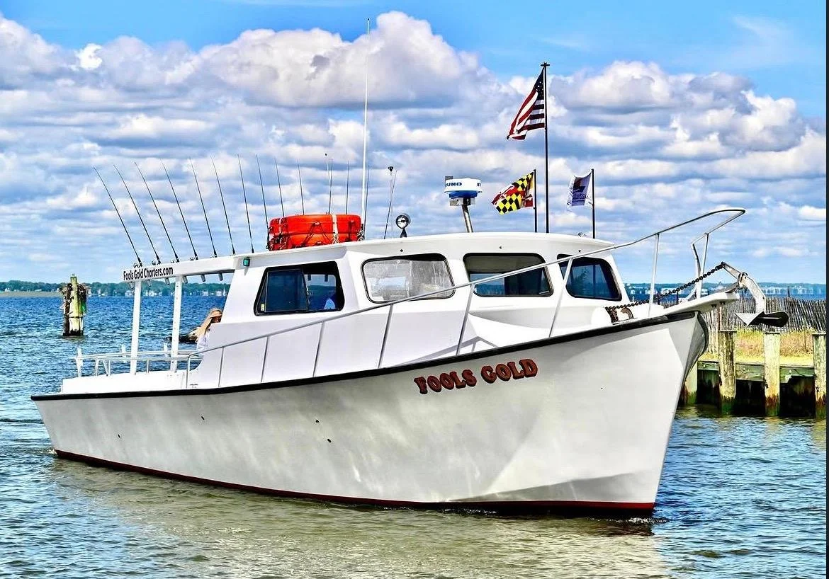 A white boat named 'TOOLS COLD' docked near a wooden pier on a calm body of water under a partly cloudy sky, with flags flying on the boat.
