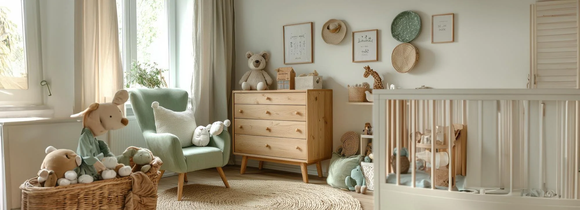 A cozy nursery with a large window letting in natural light, featuring a green armchair, a wooden dresser with toys on top, and a crib. Stuffed animals and toys are scattered around, with a wall decorated with framed art and woven baskets.