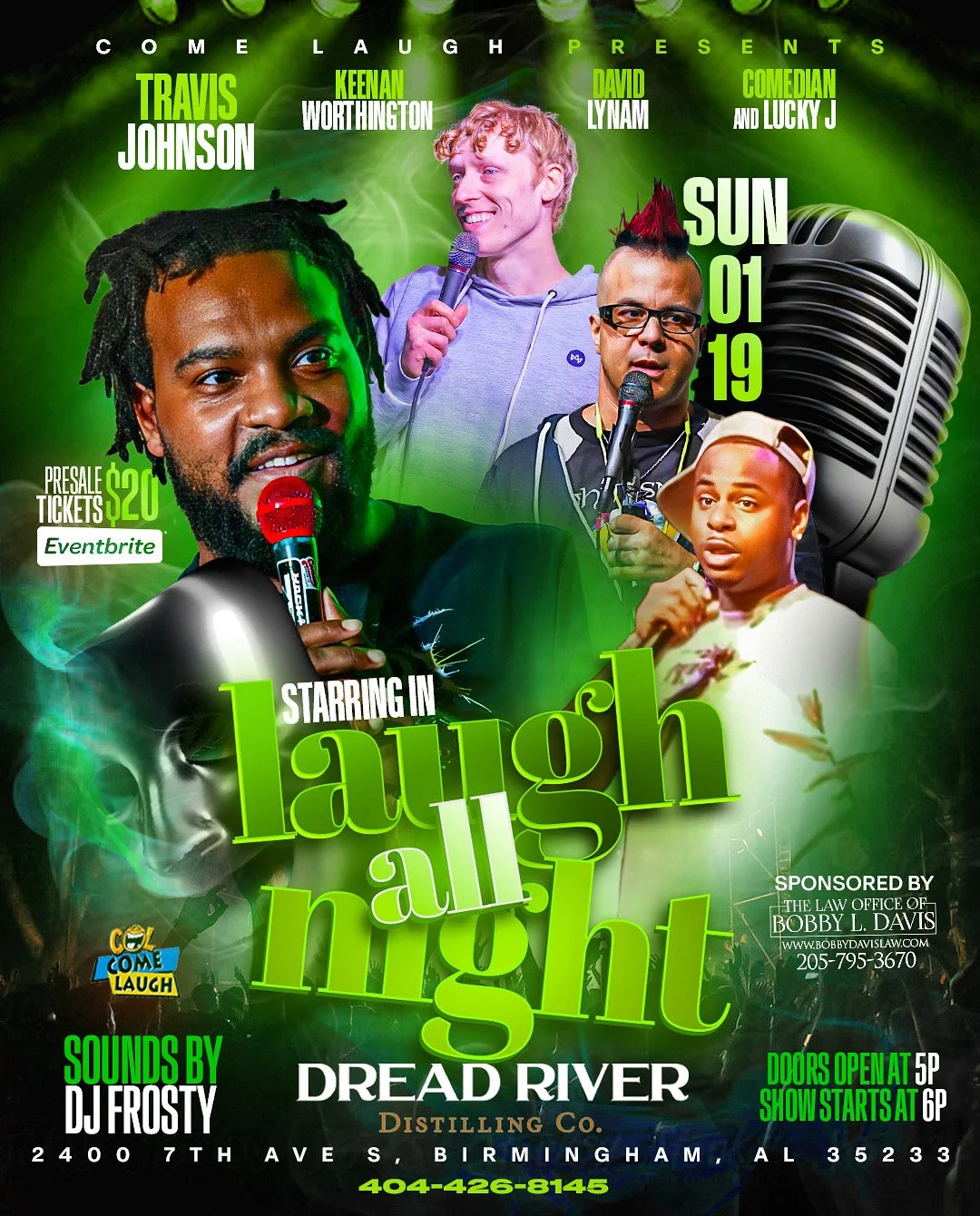 Promotional poster for a comedy show titled 'Laughter All Night' featuring four comedians with a green and black background, a large microphone, and event details including date, location, ticket prices, and sponsors.