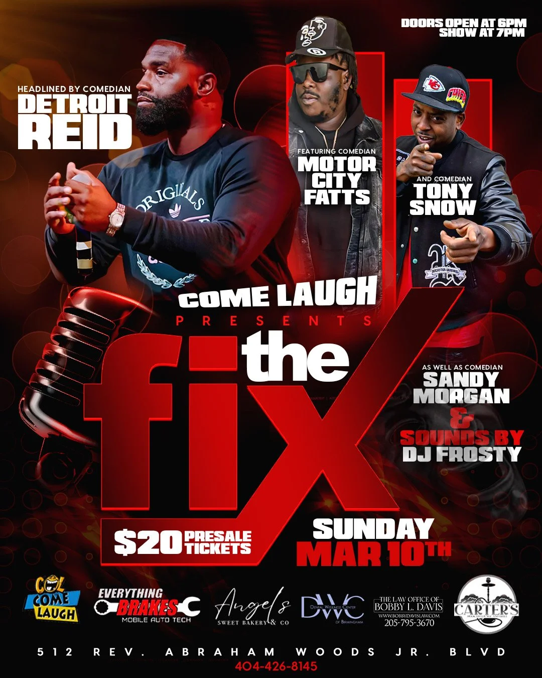 Poster for a comedy event featuring Detroit Reid, Motor City Fatt S, Tony Snow, and Sandy Morgan with DJ Frosty. Show date is Sunday, March 10th, with doors opening at 6 PM and show at 7 PM. Tickets are $20 presale. Promotional logos at the bottom.