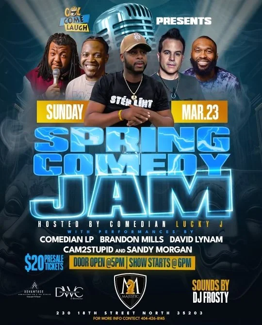 Poster for Spring Comedy Jam event, featuring photos of five male comedians, with a large microphone graphic in the background. Includes details about date, time, location, ticket price, and performer lineup.