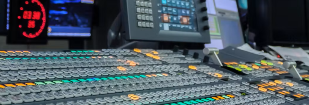 Audio mixing console with numerous buttons, sliders, and monitors in a recording studio.