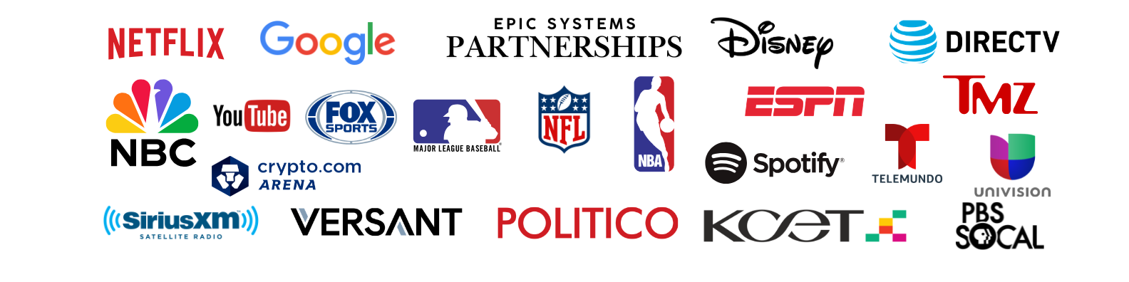 Logos of various entertainment, news, sports, and media companies including Netflix, Google, Disney, DirecTV, NBC, YouTube, Fox Sports, MLB, NFL, NBA, ESPN, TMZ, Telemundo, Univision, SiriusXM, Versant, Politico, KQED, PBS SoCal, crypto.com Arena, Spotify, and others.