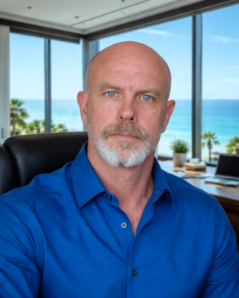 A man with a bald head and gray beard wearing a blue button-up shirt, sitting in an office with large windows showing an ocean and palm trees in the background.