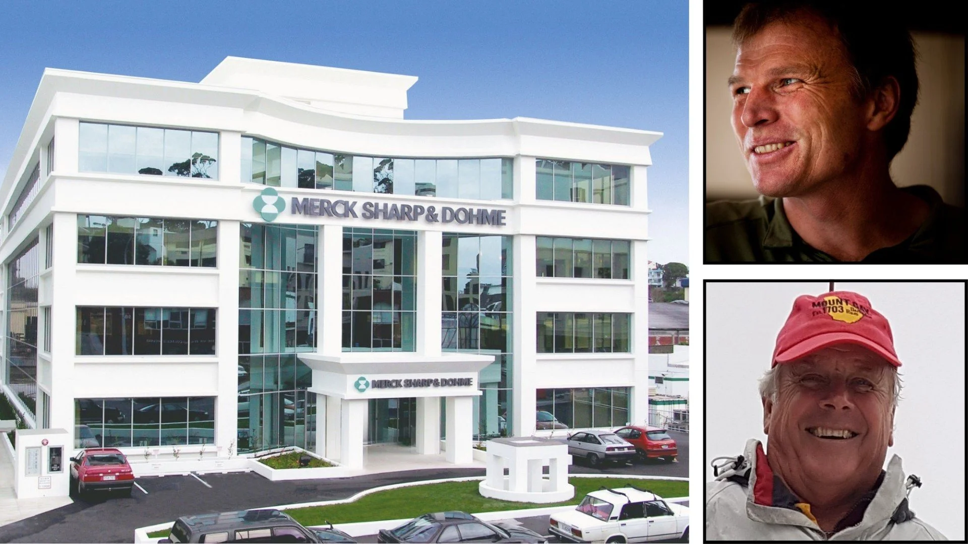 Collage of three images: a modern white office building with the sign "MERCK SHARP & DOHME" on the front, a middle-aged man smiling and looking to the right, and another middle-aged man smiling and wearing a red cap with yellow emblem and text.