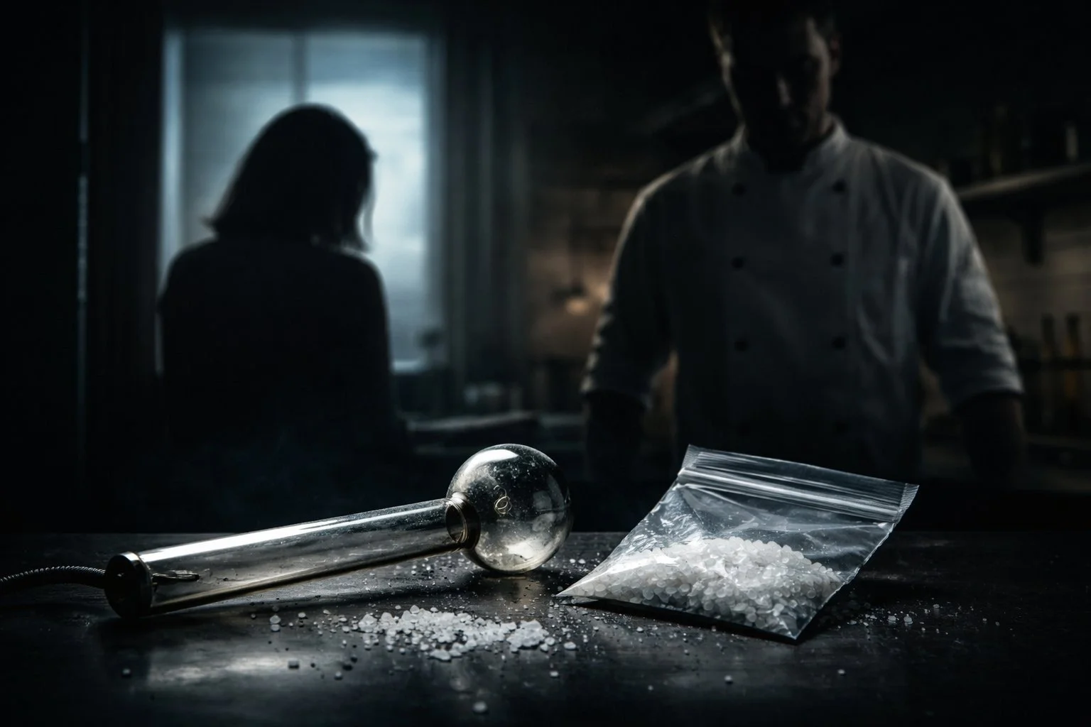 A glass pipe and a plastic bag with white crystalline substance on a dark surface, with blurred silhouettes of two people in the background.