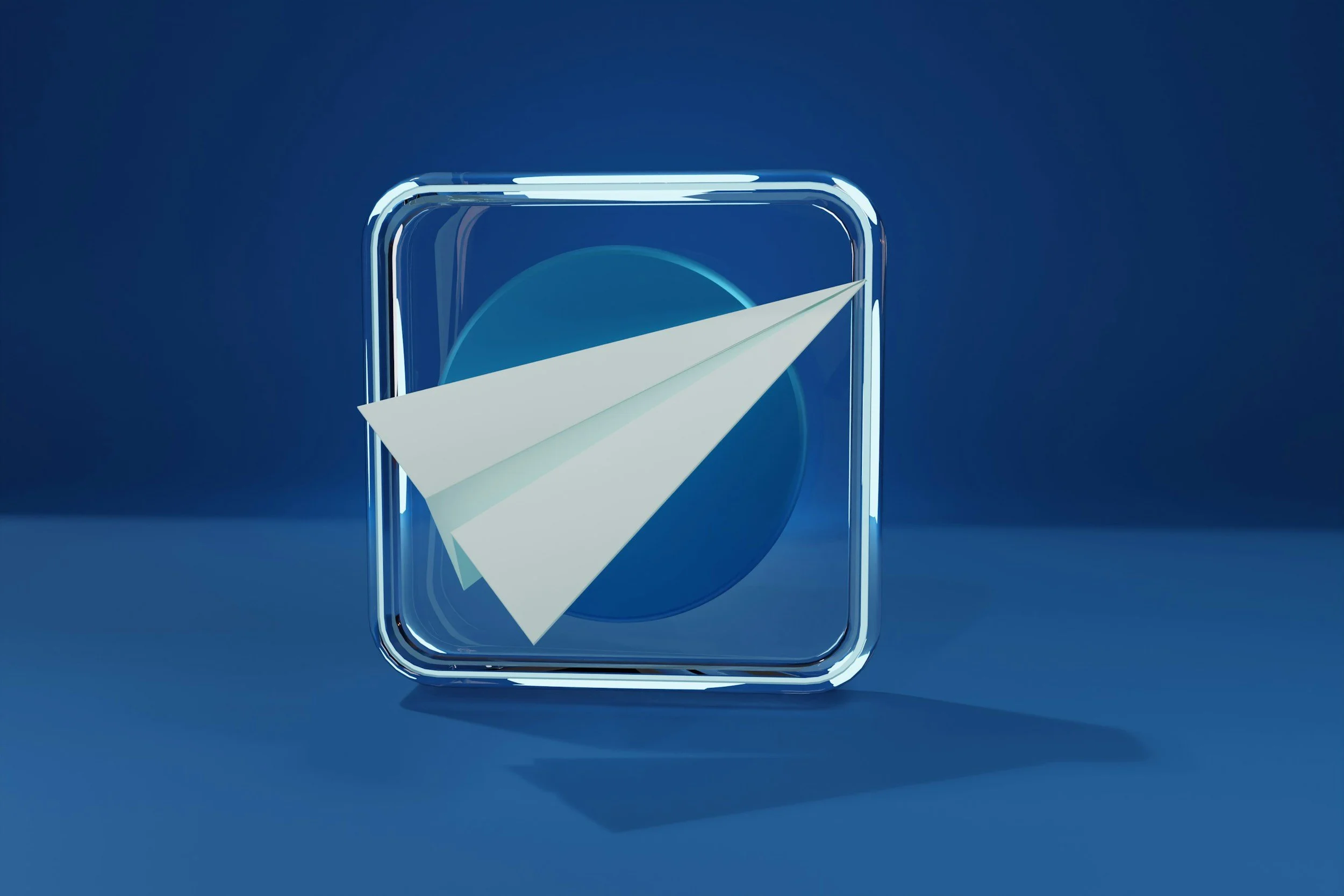 A 3D illustration of a paper airplane inside a glass digital icon resembling a mobile app interface against a dark blue background.