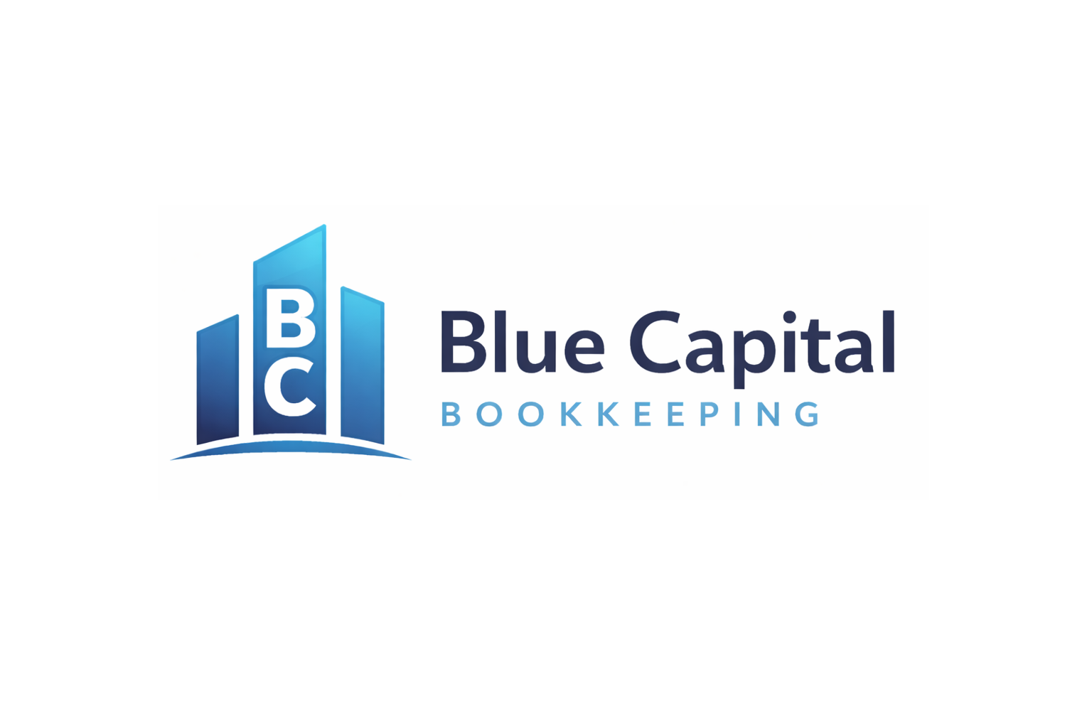 Logo of Blue Capital Bookkeeping featuring three stylized blue skyscrapers with the letters B, C, and B inside them, and the company name written to the right.