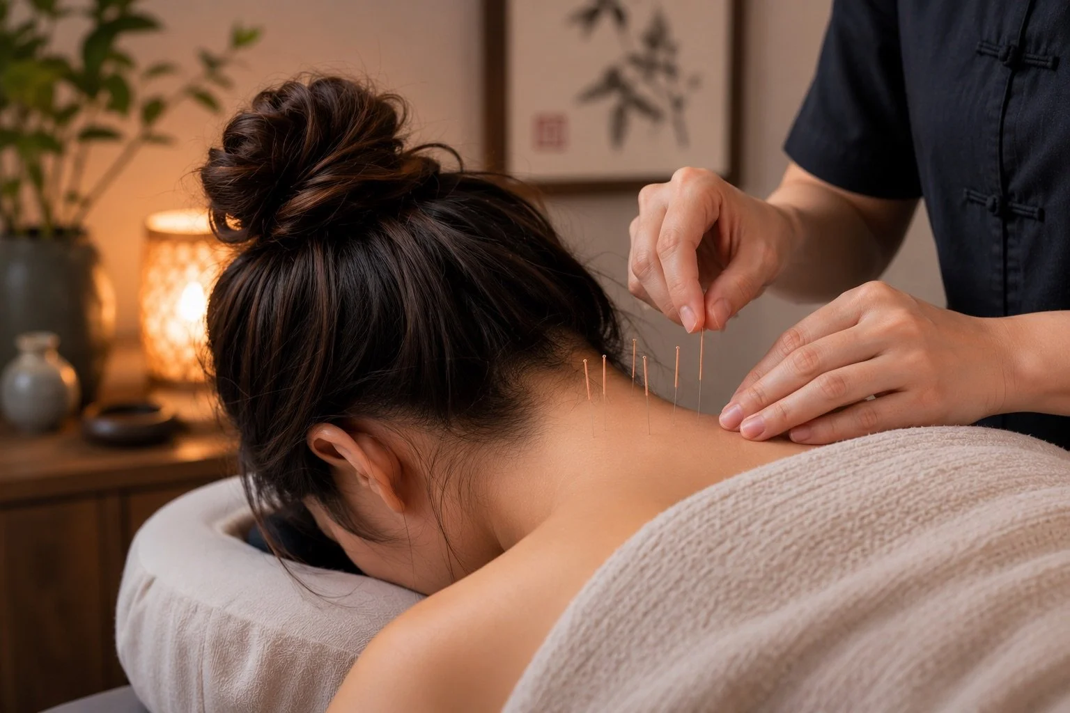 woman having acupuncture treatment for headaches and migraines