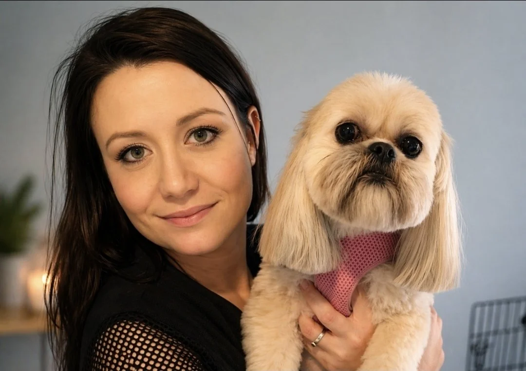 A young woman with brown hair and blue eyes holding a small, light-colored dog with long ears and large eyes, both looking at the camera.