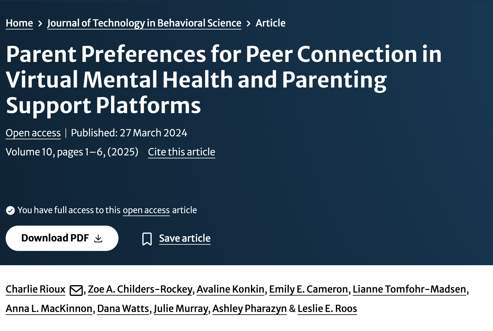 Screenshot of an academic journal article webpage titled "Parent Preferences for Peer Connection in Virtual Mental Health and Parenting Support Platforms," published in the Journal of Technology in Behavioral Science on March 27, 2024.