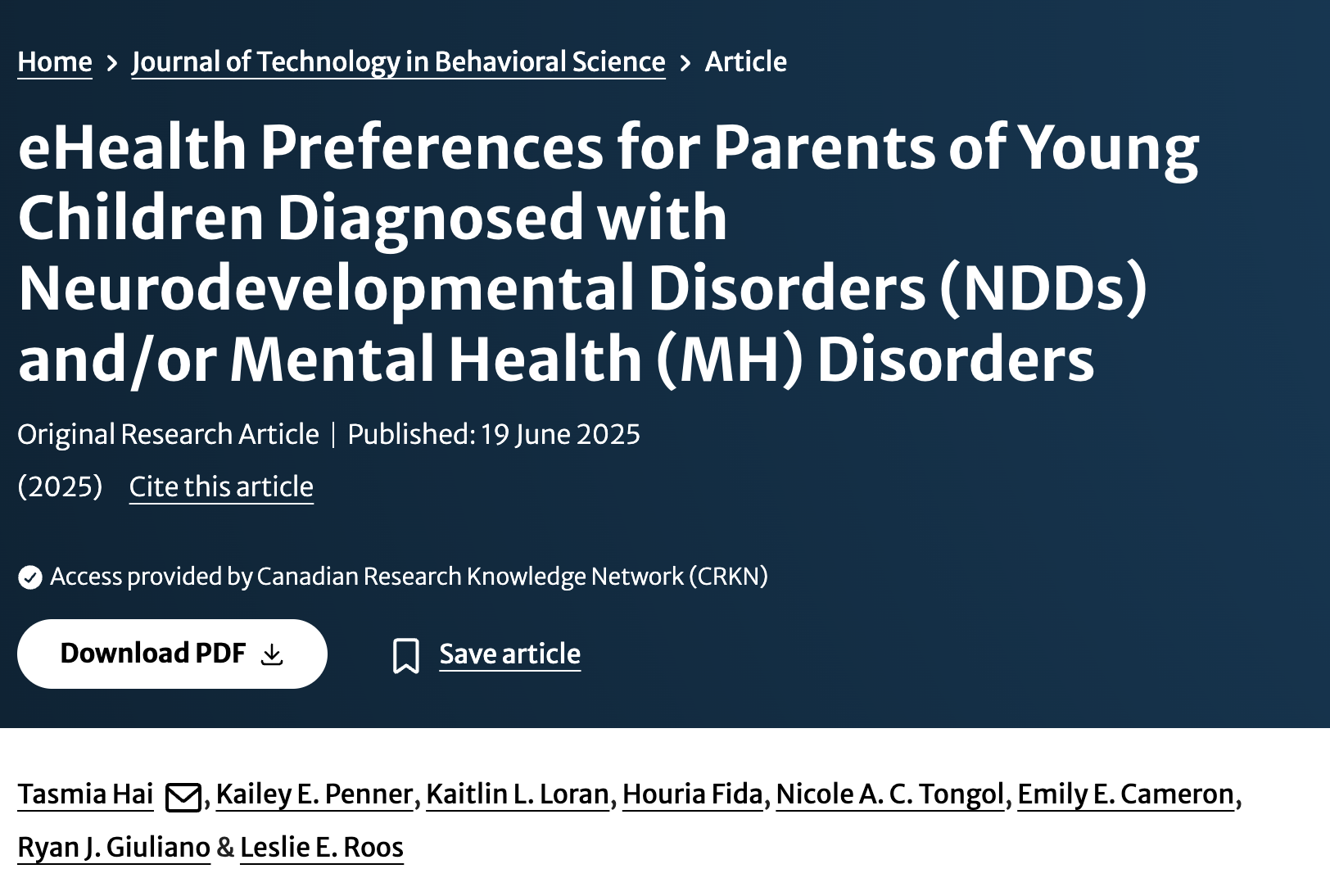 Screenshot of a research article titled 'eHealth Preferences for Parents of Young Children Diagnosed with Neurodevelopmental Disorders (NDDs) and/or Mental Health (MH) Disorders,' published on June 19, 2025.