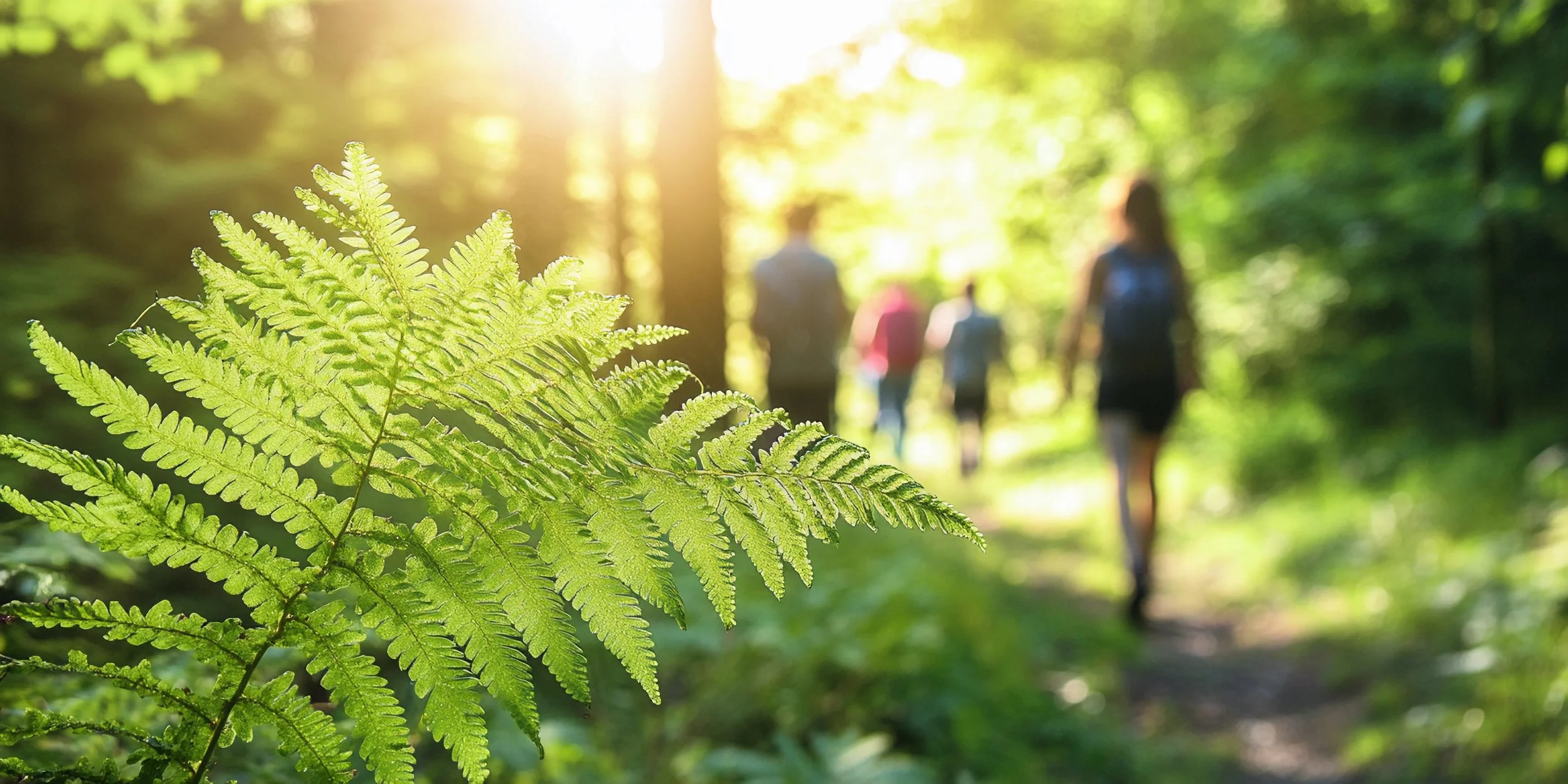 Close-up of a green fern leaf in the foreground with sunlight filtering through trees, and blurred people walking on a trail in a forest.