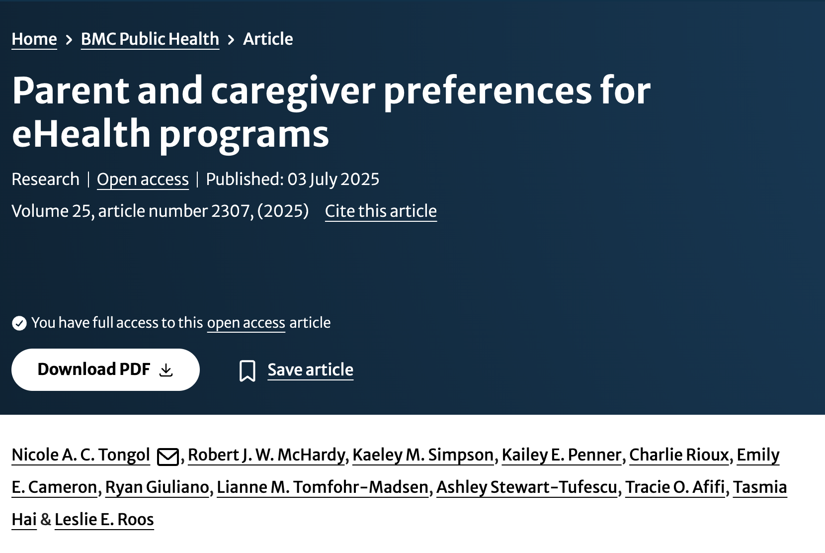 Screenshot of a research article webpage titled 'Parent and caregiver preferences for eHealth programs' from BMC Public Health, published on July 3, 2025.