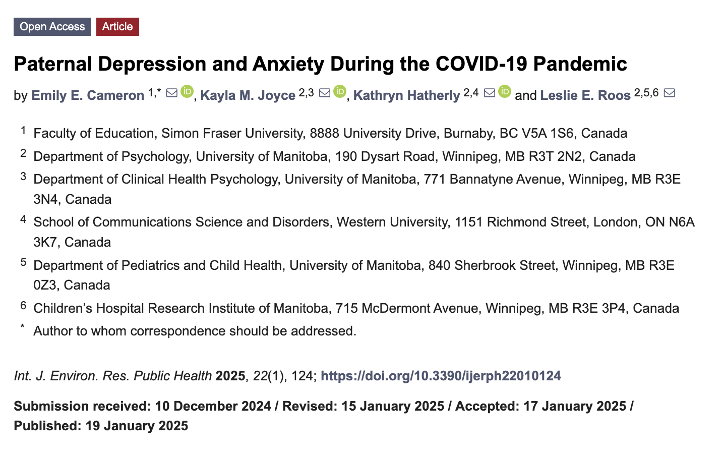 Screenshot of a research article titled "Paternal Depression and Anxiety During the COVID-19 Pandemic," authored by Emily E. Cameron, Kayla M. Joyce, Kathryn Hatherly, and Leslie E. Roos.