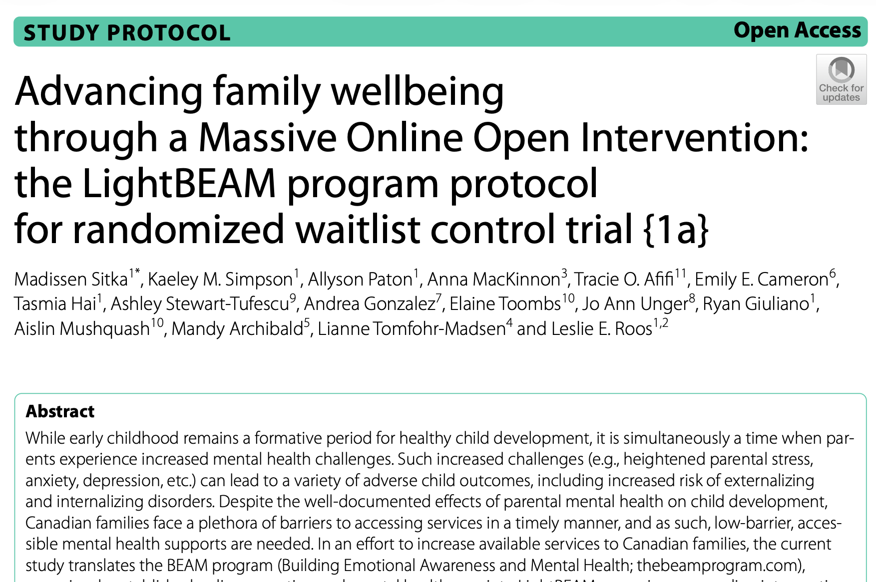 Academic journal article titled 'Advancing family wellbeing through a Massive Online Open Intervention: the LightBEAM program protocol for randomized waitlist control trial' by multiple authors, with a teal header labeled 'STUDY PROTOCOL' and 'Open Access' on the right.