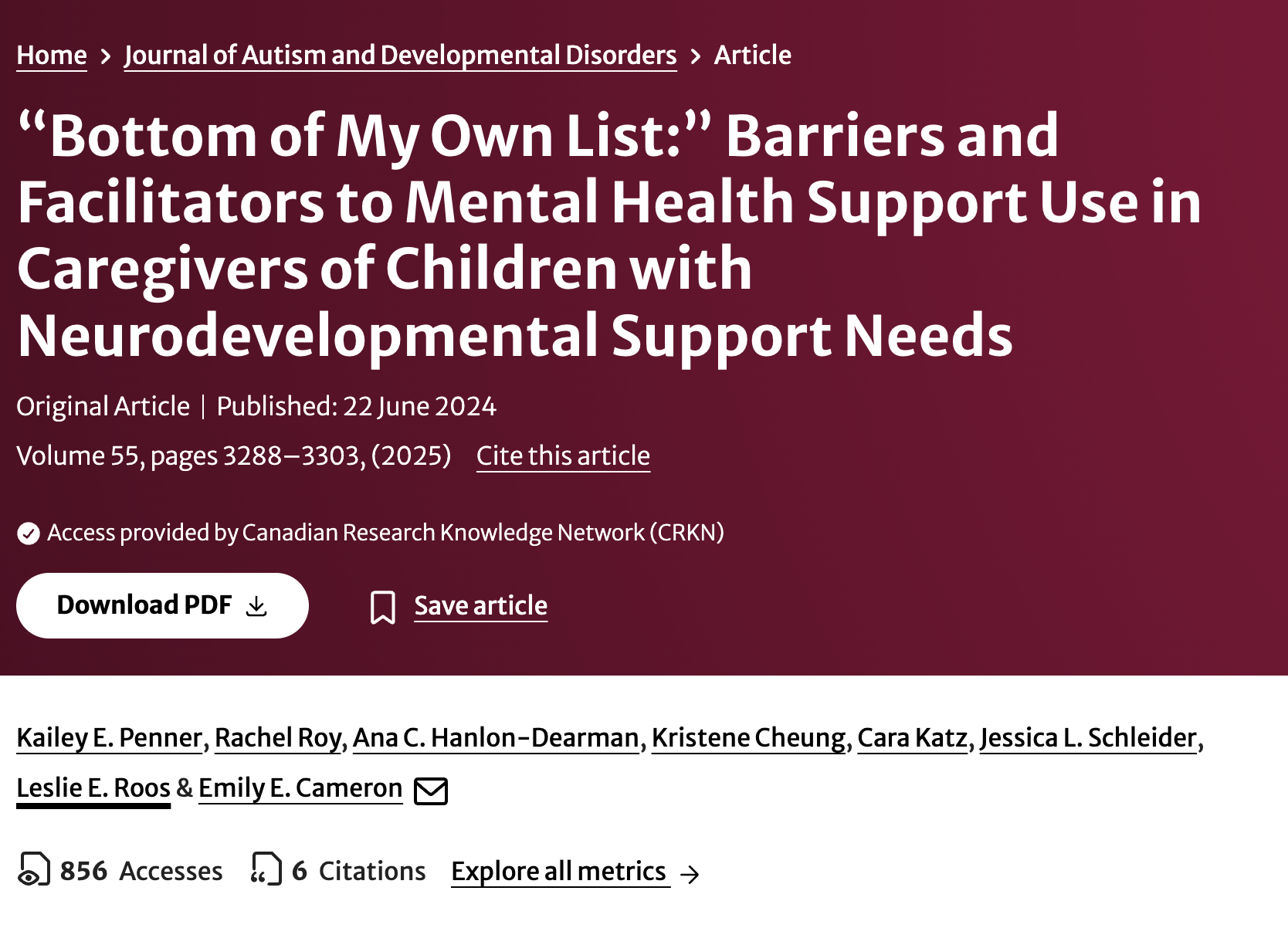 Screenshot of an academic journal article webpage titled 'Bottom of My Own List:' Barriers and Facilitators to Mental Health Support Use in Caregivers of Children with Neurodevelopmental Support Needs, published June 22, 2024.