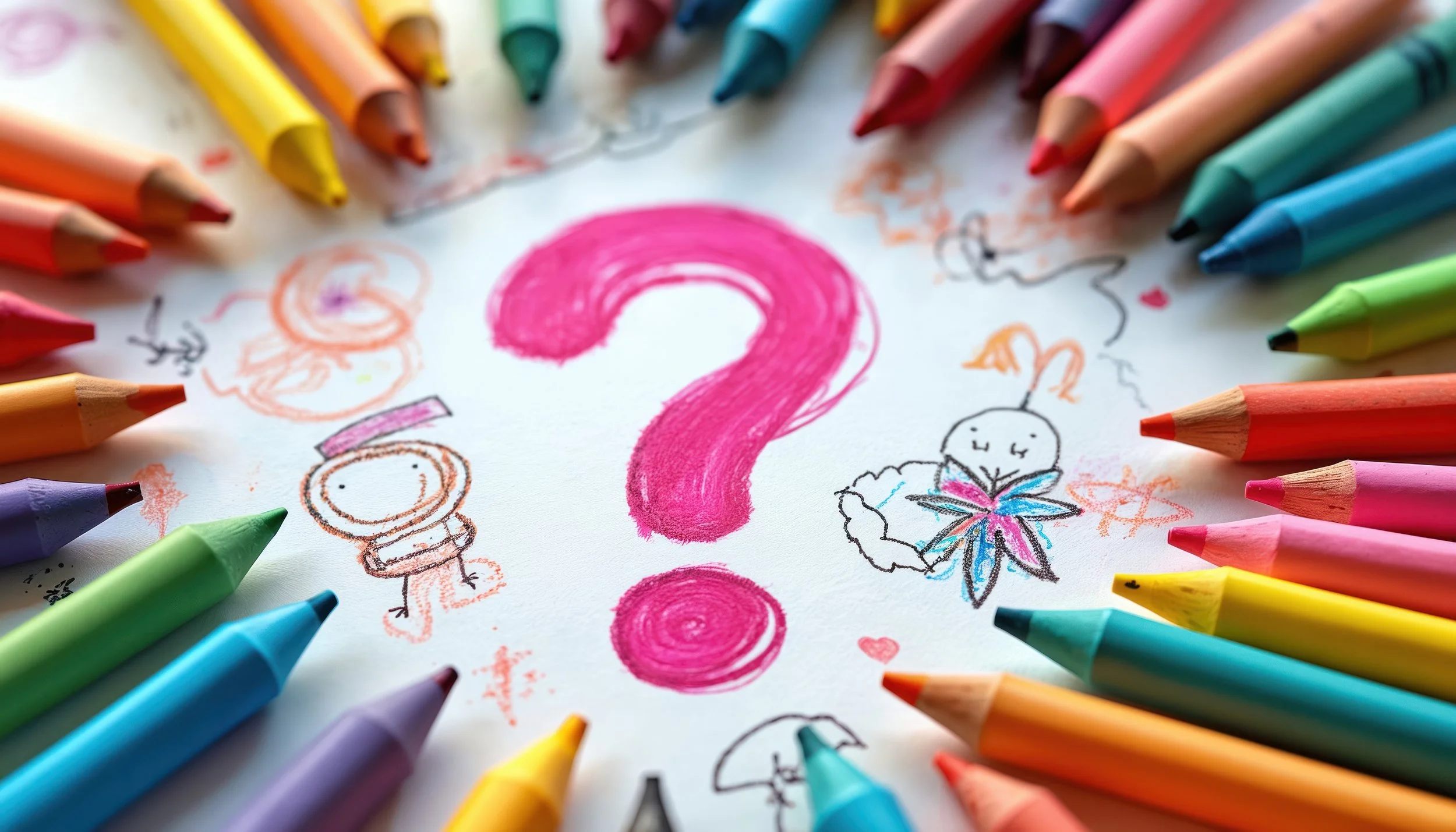 Colorful crayons surrounding a sheet of paper with various drawings and a pink question mark in the center.