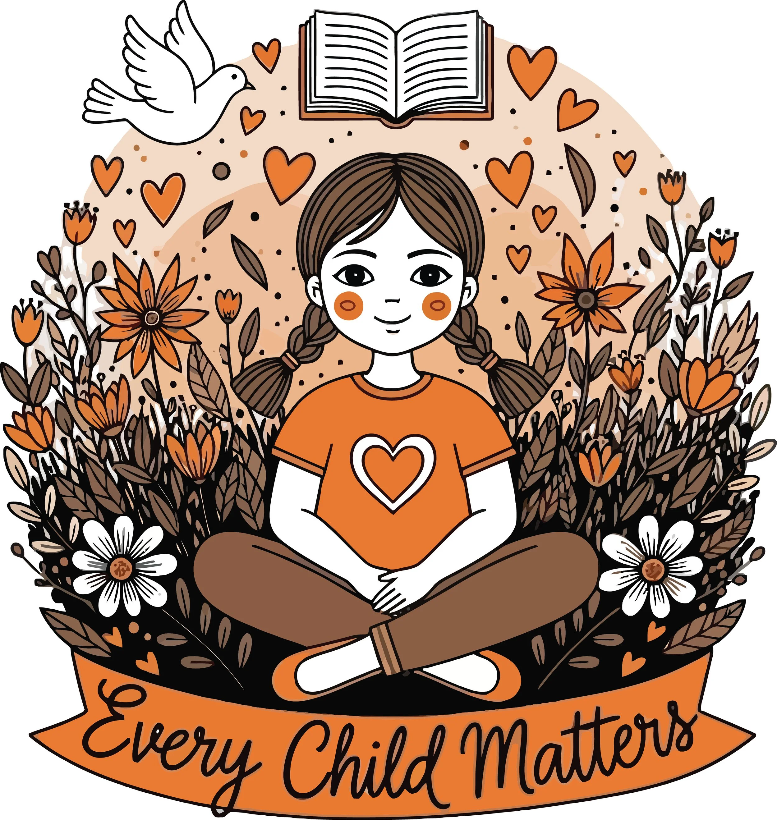 Drawing of a girl with brown hair in pigtails sitting in a lotus position, surrounded by flowers, leaves, and hearts. An open book and a dove are above her head. An orange banner below her reads "Every Child Matters."