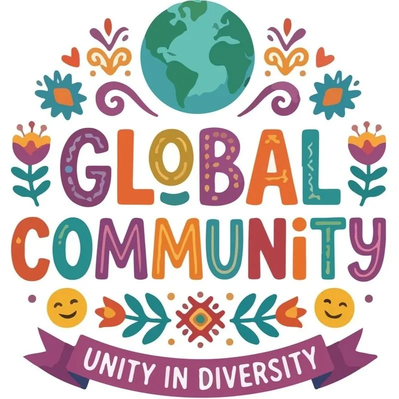 Colorful illustration with the words "Global Community" and the phrase "Unity in Diversity" on a purple banner.