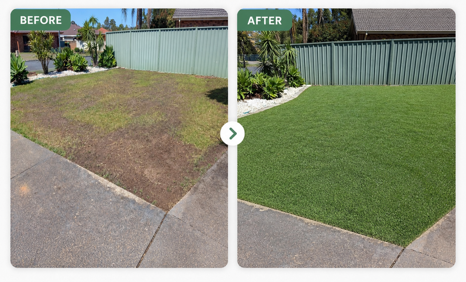 Side-by-side comparison of a backyard before and after lawn renovation, showing the transition from patchy, sparse grass to a lush, green, well-maintained lawn.