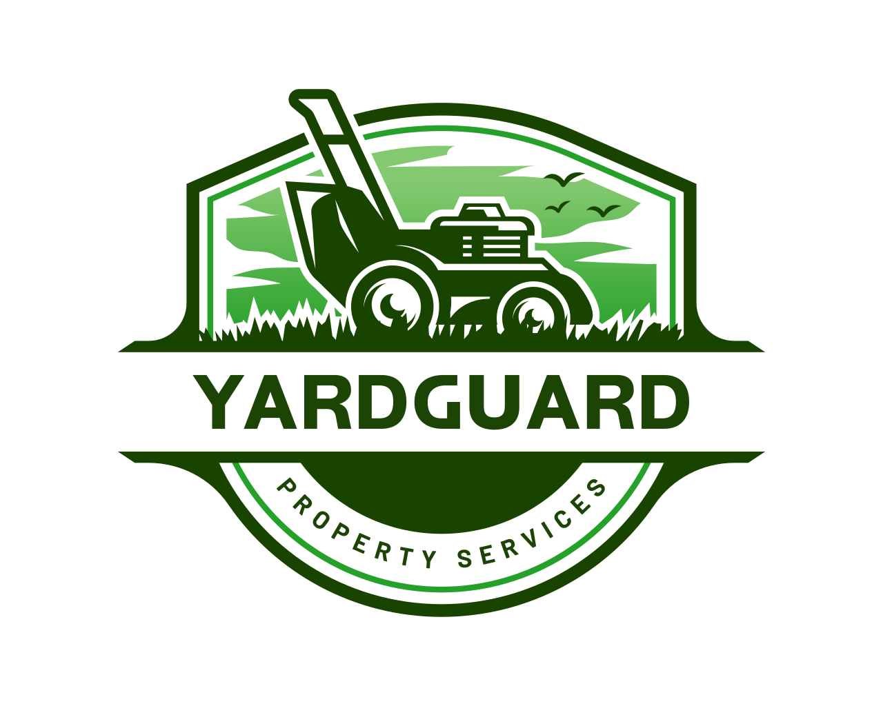 Yardguard Property Services logo featuring a green lawn mower with a background of green sky and trees.