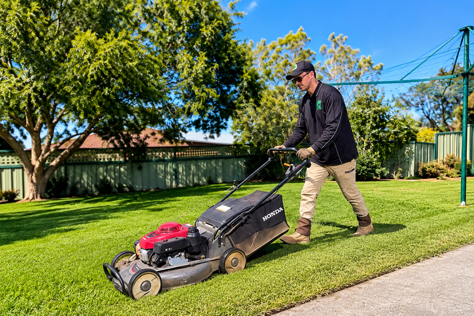 A man mowing the lawn with a Honda gas-powered lawn mower in a backyard on a sunny day. He is wearing sunglasses, a black jacket, khaki pants, and gloves.