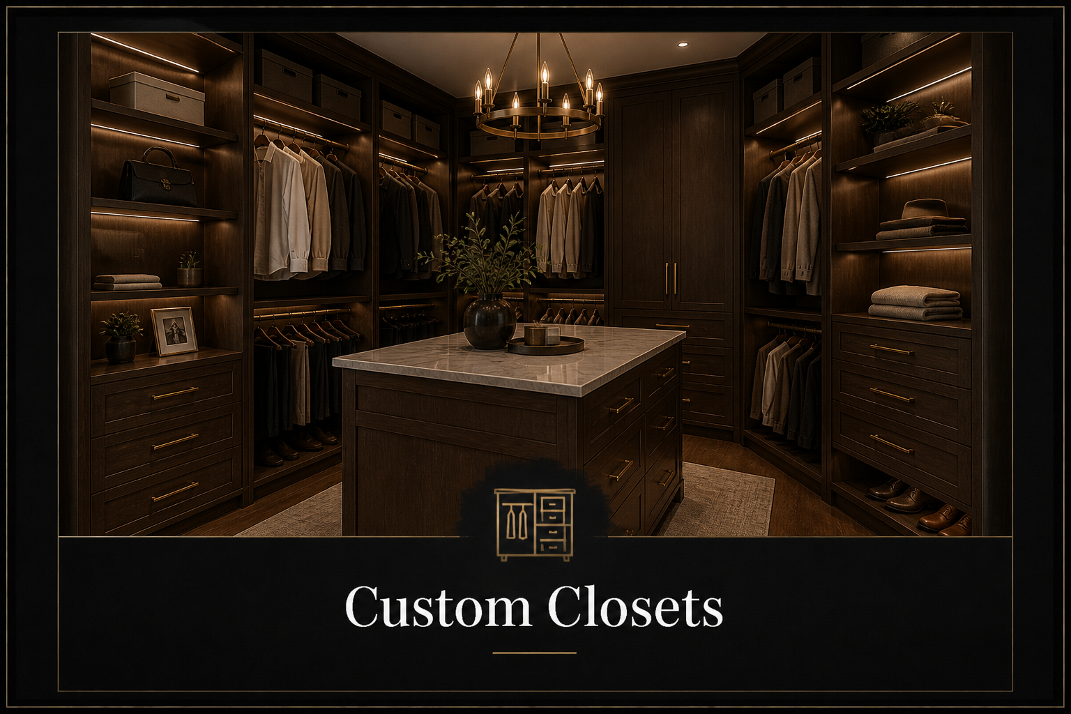A luxurious walk-in closet with dark wood cabinetry and built-in shelving, displaying neatly organized clothing, shoes, and accessories, illuminated by soft lighting and a central chandelier.