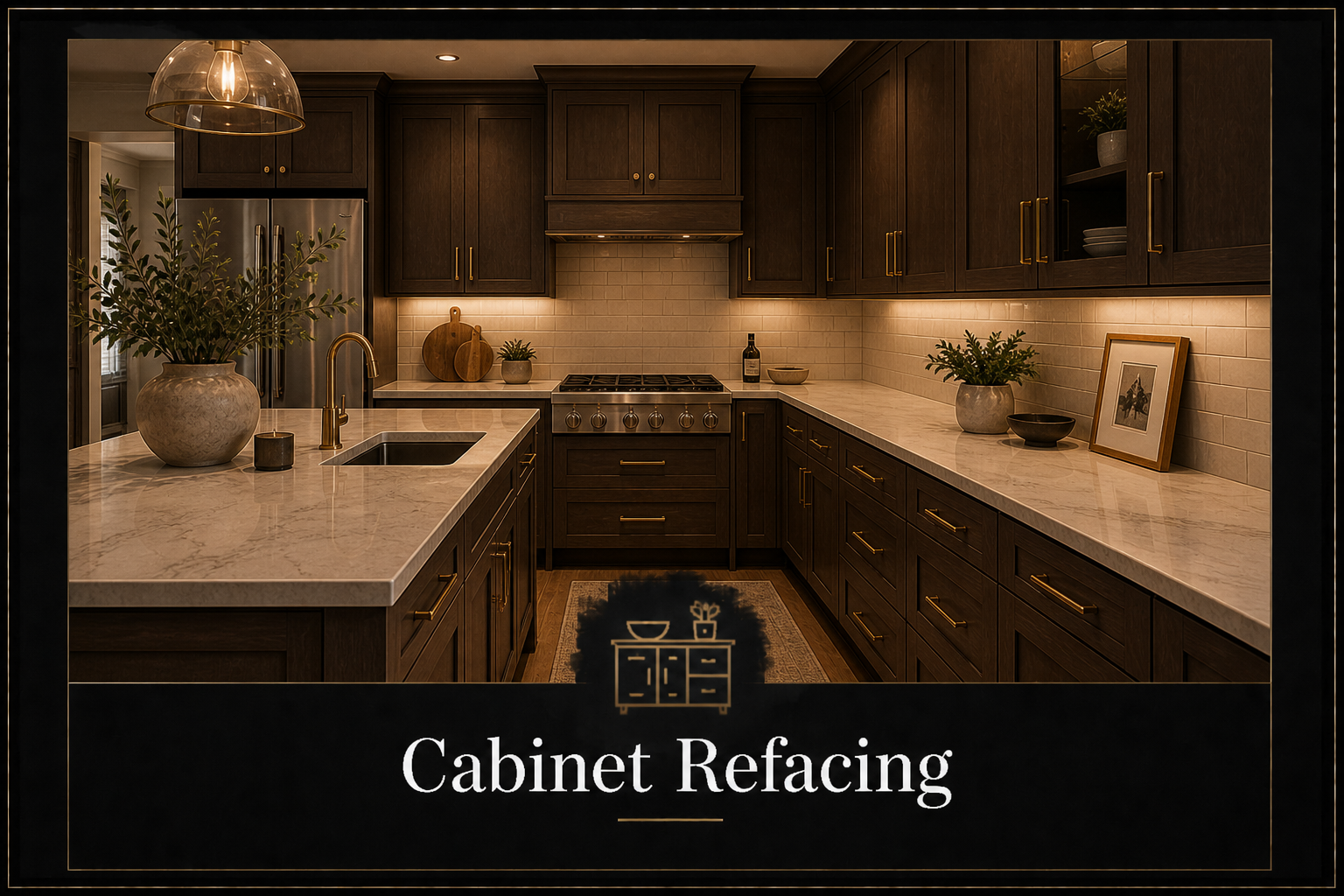 A modern kitchen with dark wooden cabinets, white marble countertops, and a backsplash made of white subway tiles. The kitchen features a stainless steel refrigerator, a stove, and various decorative items, including vases with greenery, framed artwork, and bowls.