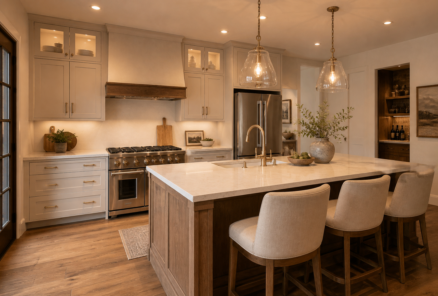 Modern kitchen with a large island, beige chairs, light gray cabinets, stainless steel appliances, and wooden accents.