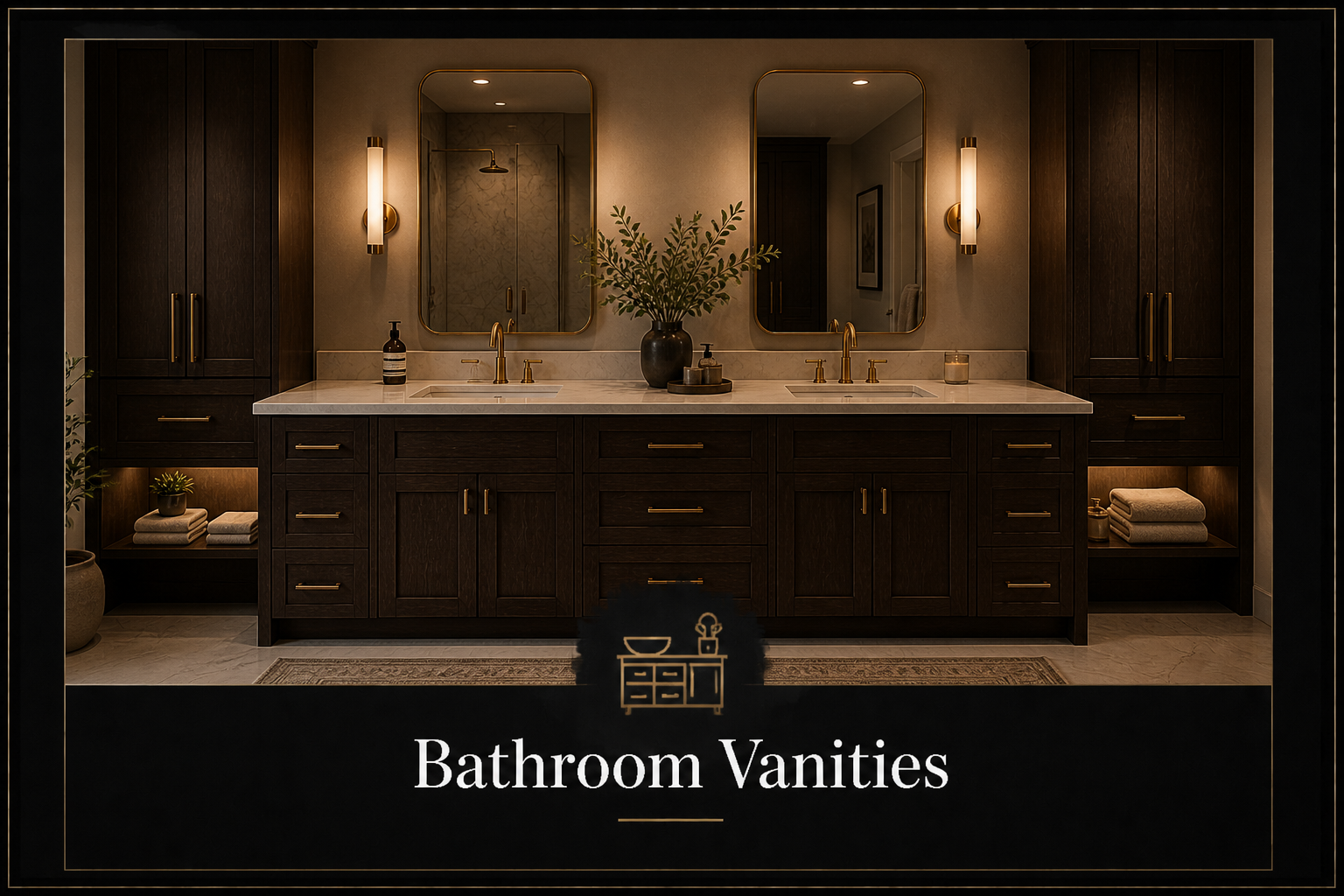 Elegant bathroom vanity with dark wood cabinets, gold hardware, marble countertop, and a double mirror with modern lighting fixtures. Decor includes a black vase with greenery and neatly folded towels.