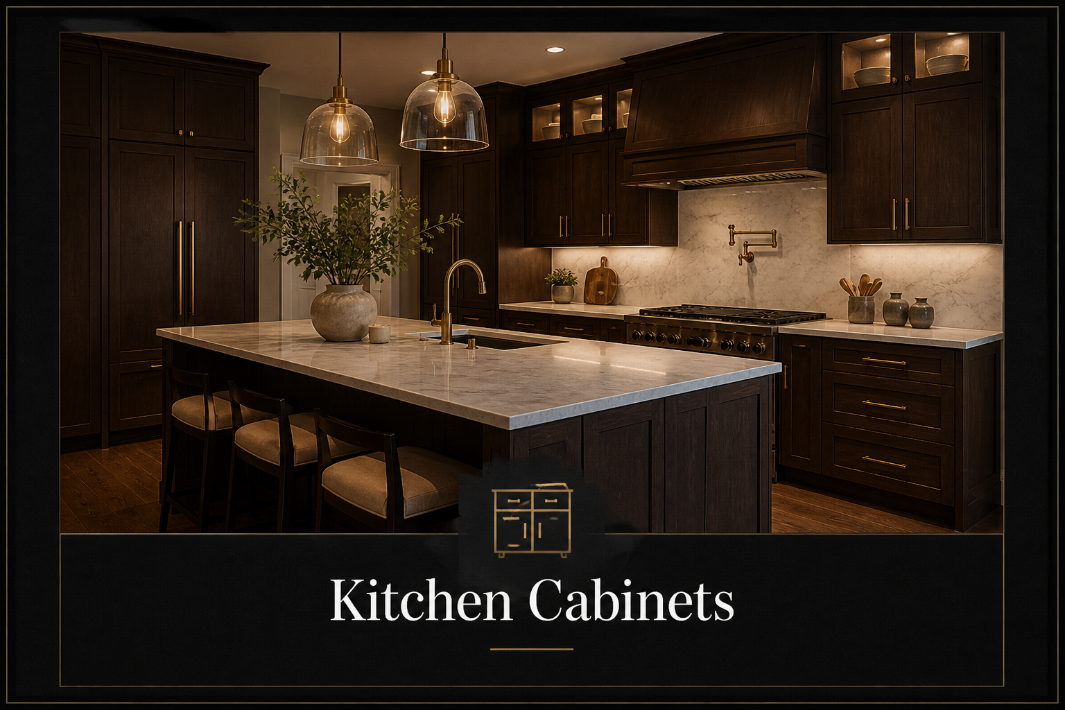 A modern kitchen with dark wooden cabinets, a marble island with a brass faucet, pendant lights, and marble backsplash, decorated with potted plants, bowls, and kitchen utensils.