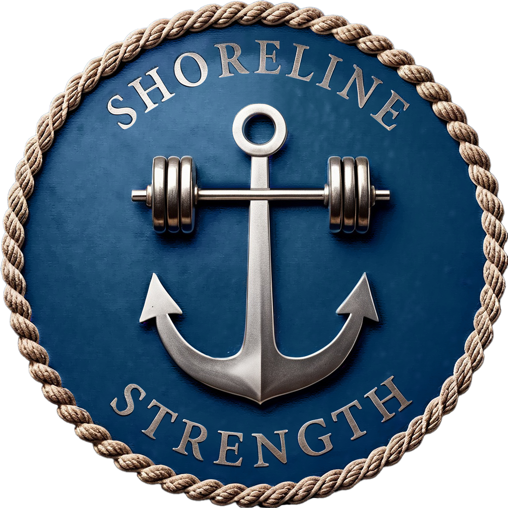 A nautical-themed sign with a silver anchor in the center, surrounded by a thick rope border. The sign is blue with the words "Shoreline Strength" written around the anchor.