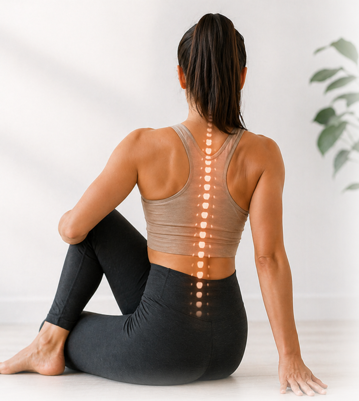 A woman sitting on the floor with her back to the camera, showing her spine with a highlighted digital overlay.