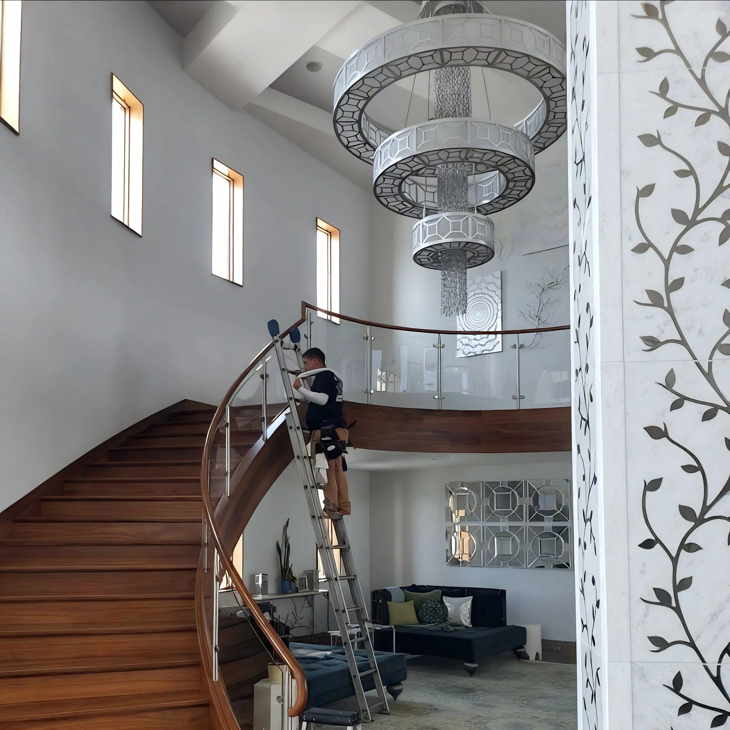 A person on a ladder working near a staircase railing in a spacious, modern interior with high ceilings, tall narrow windows, decorative wall art, and large circular chandeliers.