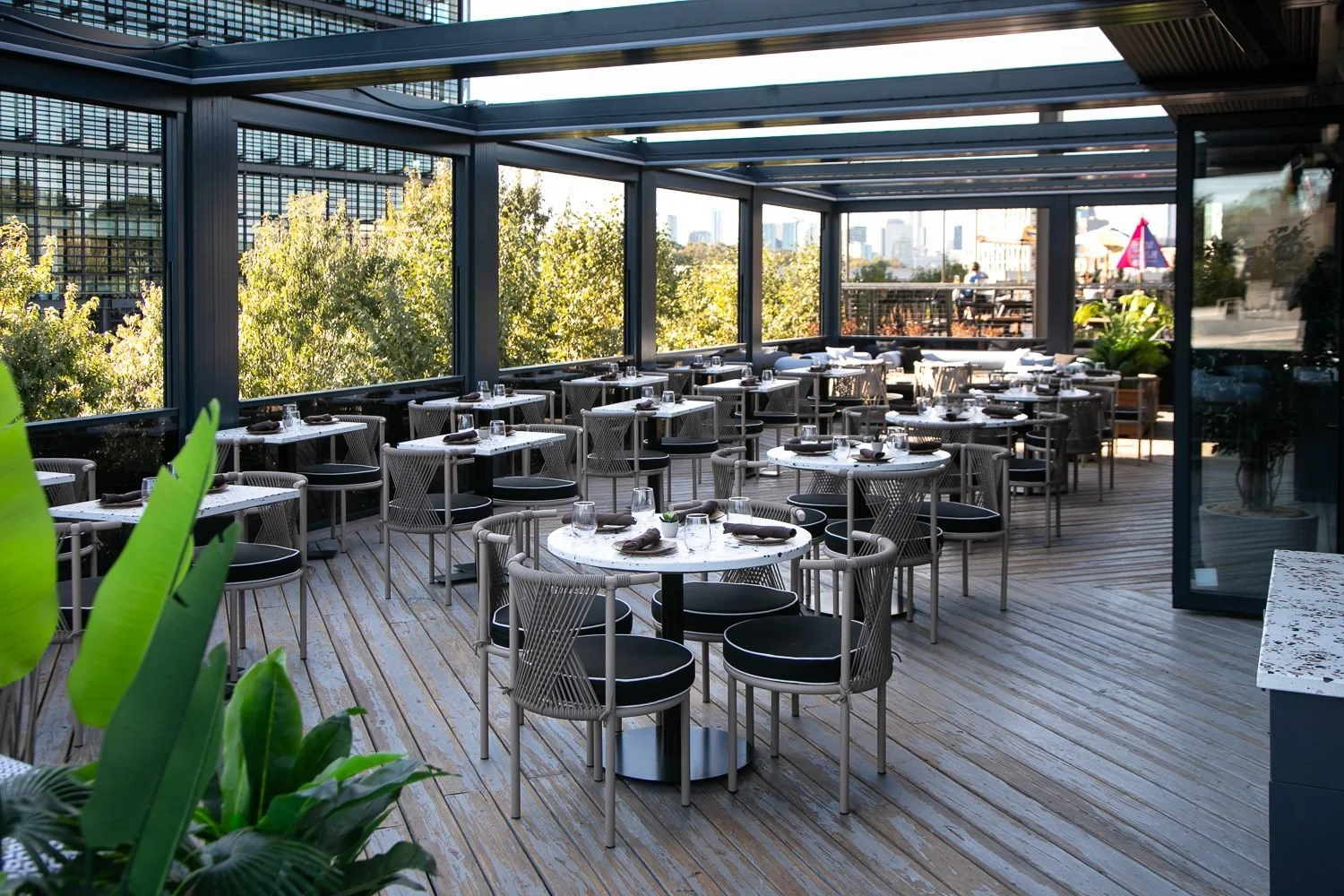 Rooftop restaurant patio with city views in Atlanta