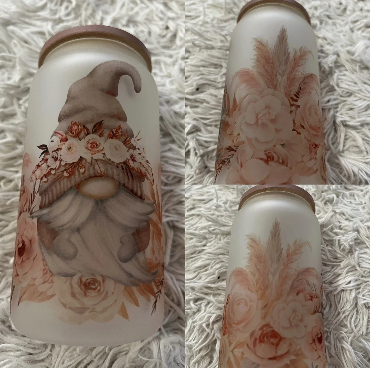 Decorative bottle with a painted Santa Claus face wearing a flower crown on a white textured surface.